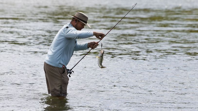 David Monnin catches a saugeye fishing in the the Great Miami River Thursday, July 13, 2023 in Hamilton. NICK GRAHAM/STAFF