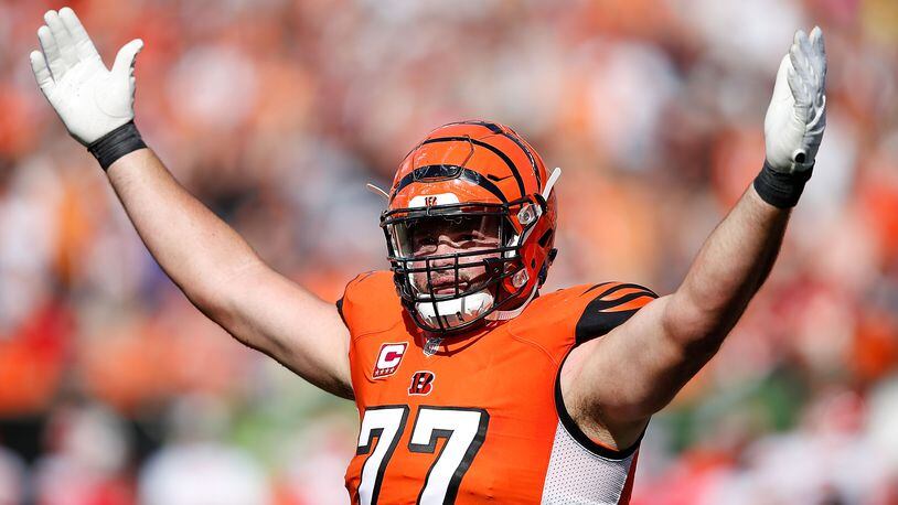 CINCINNATI, OH - OCTOBER 4: Andrew Whitworth #77 of the Cincinnati Bengals attempts to excite the crowd during the third quarter of the game against the Kansas City Chiefs at Paul Brown Stadium on October 4, 2015 in Cincinnati, Ohio. (Photo by Joe Robbins/Getty Images)
