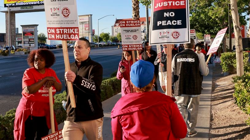 Culinary Local 226 members picket at the start of a 48 hour strike at Virgin Hotels in Las Vegas, Friday, May 10, 2024. About 700 workers walked off the job at a hotel-casino just off the Las Vegas Strip Friday morning in what union organizers said would be a 48-hour strike after spending months trying to reach a deal for new 5-year contract with Virgin Hotels. (K.M. Cannon/Las Vegas Review-Journal via AP)