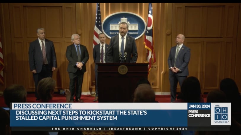 Ohio Attorney General Dave Yost joins Rep. Phil Plummer, R-Dayton; Rep. Brian Stewart, R-Ashville; and two representatives of the Ohio Prosecuting Attorneys Association to promote a newly introduced bill that would authorize the state to use nitrogen gas to execute death row inmates.