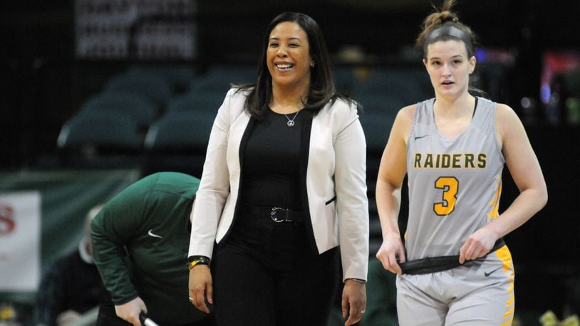 Wright State coach Katrina Merriweather and senior Emily Vogelpohl during a game earlier this season. Keith Cole/CONTRIBUTED