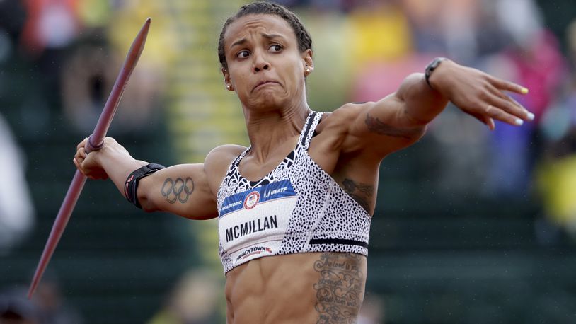 Chantae McMillan competes during the heptathlon javelin throw at the U.S. Olympic Track and Field Trials, Sunday, July 10, 2016, in Eugene Ore. (AP Photo/Matt Slocum)