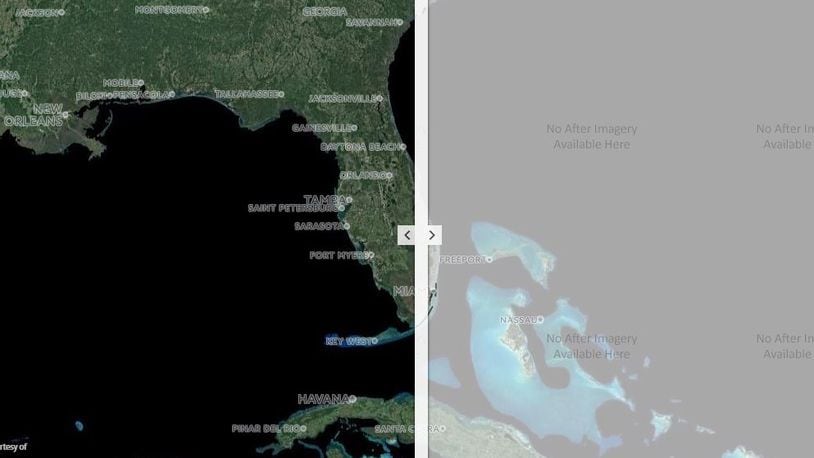 An image capture from the Woolpert web site. The slider in the center allows the user to distinguish before- and after-images of Irma’s destruction.