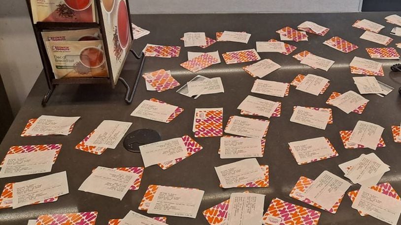 On Friday afternoon, March 12 at the Dunkin’ Donuts shop at 1515 N. Fairfield Rd. in Beavercreek, an customer who wishes to remain anonymous purchased $4,000 in gift cards to “pay it forward” for the shop's customers over two days. CONTRIBUTED PHOTO