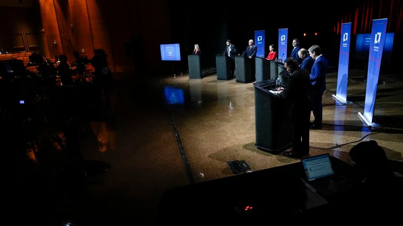 Mar 28, 2022; Wilberforce, Ohio, USA; Ohio’s U.S. Senate Republican candidates stand on stage before the start of their primary debate at Central State University. Mandatory Credit: Joshua A. Bickel/Ohio Debate Commission