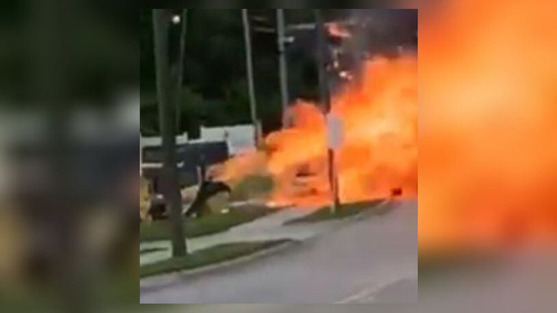 A Middletown man was critically injured Friday afternoon when he crashed his car into Air Products on Yankee Road in Middletown. Police say Brandon Hisey, 22, was driving unsafe speeds in the posted 35 mph zone. The crash sent flames high into the air, according to Fire Chief Paul Lolli. SUBMITTED PHOTO