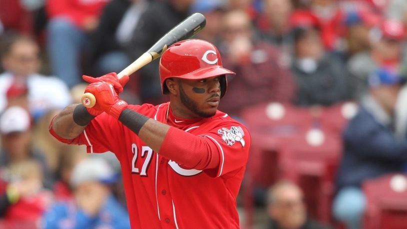 The Reds’ Phillip Ervin bats against the Cubs on Saturday, April 22, 2017, at Great American Ball Park in Cincinnati. It was his first big-league at-bat. David Jablonski/Staff