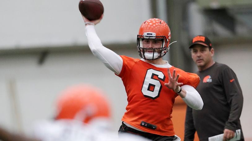 Cleveland Browns quarterback Baker Mayfield throws during rookie minicamp at the NFL football team's training camp facility, Friday, May 4, 2018, in Berea, Ohio. (AP Photo/Tony Dejak)