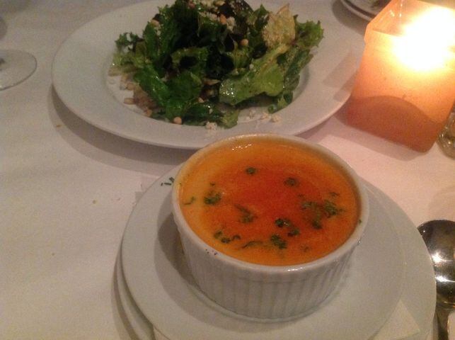 Figlio: Crab and Corn Chowder (front) and Balsamic Salad