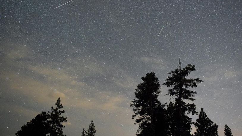 A pair of meteors streak across the sky above desert pine trees in the Spring Mountains National Recreation Area in Nevada. The Ursid meteor shower will peak this weekend.