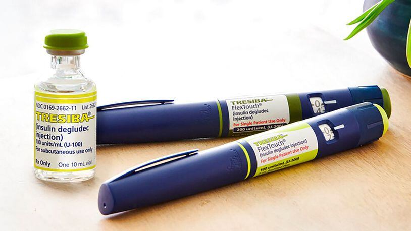 This photo provided by Novo Nordisk Inc. shows its Tresiba brand insulin. On Tuesday, April 14, 2020, Novo Nordisk announced a new program offering free insulin for at least three months months for diabetes patients who have lost their insurance amid the COVID-19 pandemic. (Novo Nordisk Inc. via AP)