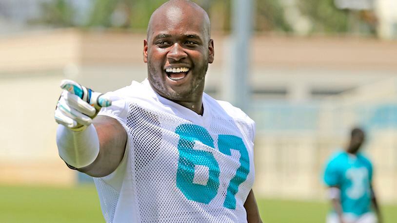 Miami Dolphins offensive lineman Laremy Tunsil (67) after a mini-camp practice at Doctors Hospital Training Facility at Nova Southeastern University in Davie, Fla., on June 16, 2016. (Al Diaz/Miami Herald/TNS)