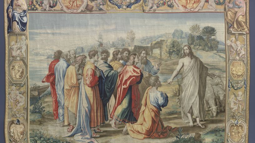 Mortlake Tapestry Manufactory (after designs by Raphael), Feed My Sheep (Christ’s Charge to Peter), after 1625. Tapestry, Staaliche Kunstsammlugen Dresden, Gemäldegalerie Alte Meister. CONTRIBUTED