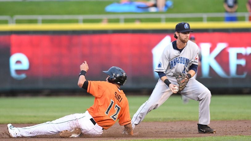 Jose Siri slides into second base against Lake County on Friday during the Dragons’ 8-3 Midwest League win at Fifth Third Field. Siri homered in the game. NICK FALZERANO / CONTRIBUTED