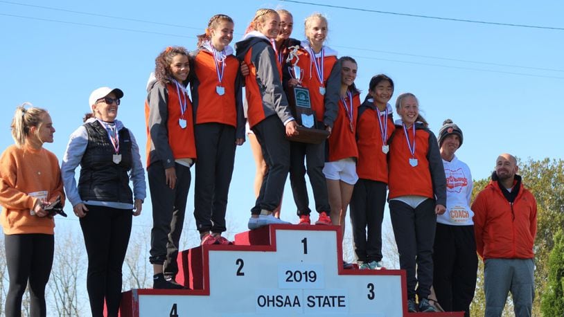 The West Liberty-Salem girls cross country team finished as Division III state runners-up in Saturday’s race at National Trail Raceway in Hebron/ Greg Billing/CONTRIBUTED