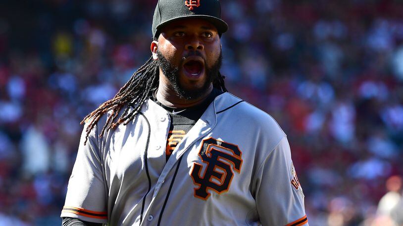 ANAHEIM, CA - APRIL 22: Johnny Cueto #47 of the San Francisco Giants reacts as he returns to the dugout after forcing Luis Valbuena #18 of the Los Angeles Angels of Anaheim to hit into a double play to end a bases loaded threat in the sixth inning of the game at Angel Stadium on April 22, 2018 in Anaheim, California. (Photo by Jayne Kamin-Oncea/Getty Images)