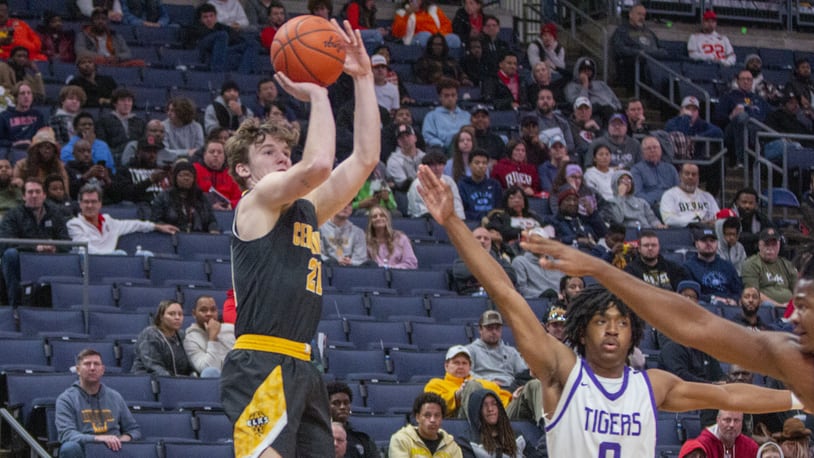 Centerville's Kyle Kenney goes up for one of the two 3-pointers he made in the first half of the Elks' double-overtime victory over Pickerington Central on Saturday night at Nationwide Arena. CONTRIBUTED/Jeff Gilbert