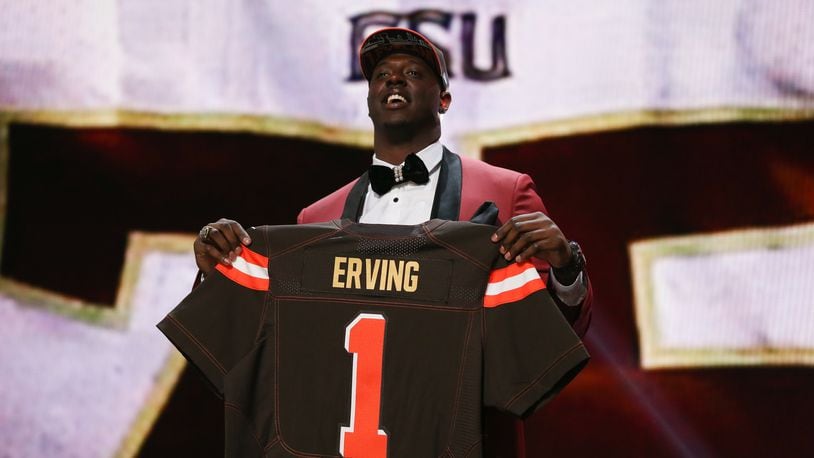CHICAGO, IL - APRIL 30: Cameron Erving of the Florida State Seminoles holds up a jersey after being picked #19 overall by the Cleveland Browns during the first round of the 2015 NFL Draft at the Auditorium Theatre of Roosevelt University on April 30, 2015 in Chicago, Illinois. (Photo by Jonathan Daniel/Getty Images)