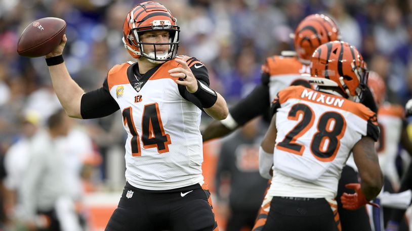 Cincinnati Bengals quarterback Andy Dalton throws a pass against the Baltimore Ravens during the second half of a NFL football game Sunday, Oct. 13, 2019, in Baltimore. (AP Photo/Nick Wass)