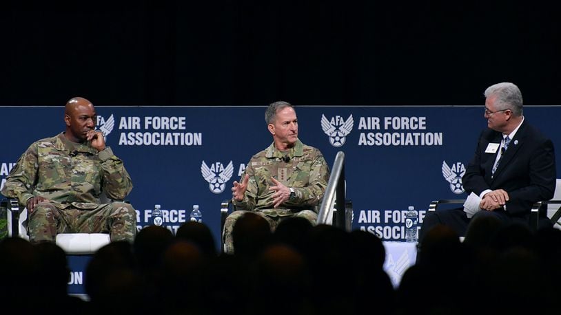 Air Force Chief of Staff Gen. David L. Goldfein and Chief Master Sergeant of the Air Force Kaleth O. Wright participate in a discussion during the Air Force Association’s Air Warfare Symposium, in Orlando, Fla., Feb. 27. The three-day event is a professional development forum that offers the opportunity for Department of Defense personnel to participate in forums, speeches, seminars and workshops with defense industry professionals. (U.S. Air Force photo/Wayne Clark)