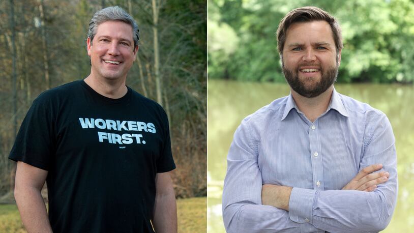 The candidates for Ohio's open U.S. Senate seat in the November 2022 election are Tim Ryan (left) and J.D. Vance (right).