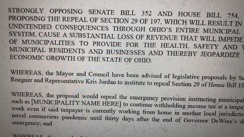 The Ohio Municipal League has drafted a resolution against passage of SB 352 and HB 754.
