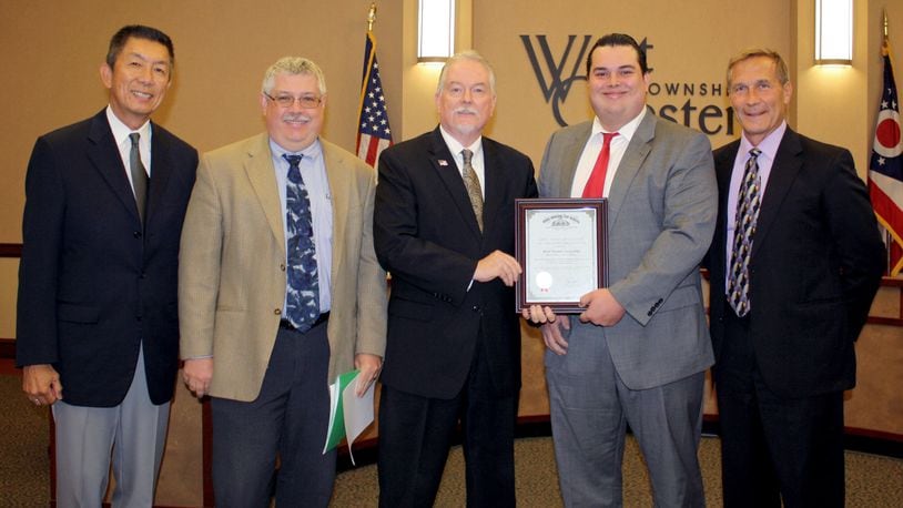 Pictured here are Trustee Lee Wong; Ken Keim, director, Finance & Information Technology; Fiscal Officer Bruce Jones; Ryan Holiday, southwest regional liaison for Ohio Auditor of State Dave Yost; Trustee Mark Welch, after the township was presented the state auditor’s award.