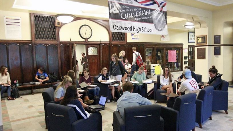Oakwood High School students study in the entryway of the building during their lunch period. The Oakwood City School District scored number one in Ohio in the “Prepared for Success” measurement, according to the Ohio school report cards data released in 2017.