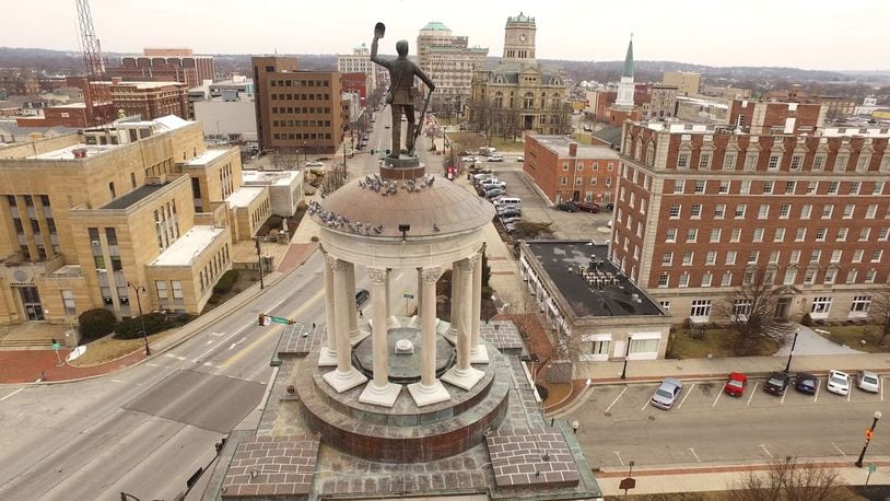 “Victory, Jewel of the Soul,” (also known as Billy Yank)sculpture by Rudolph Thiem stands atop the Soldiers, Sailors and Pioneers Monument at the High Street Bridge in downtown Hamilton. TY GREENLEES / STAFF