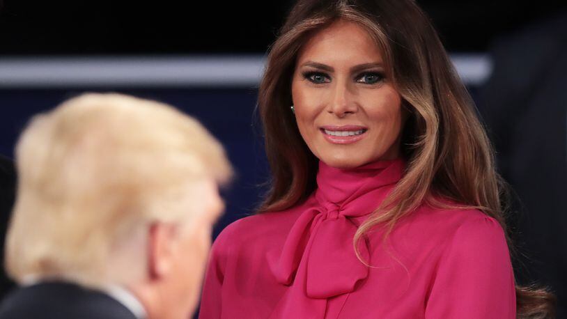 ST LOUIS, MO - OCTOBER 09: Melania Trump (R) greets her husband Republican presidential nominee Donald Trump after the town hall debate at Washington University on October 9, 2016 in St Louis, Missouri. This is the second of three presidential debates scheduled prior to the November 8th election. (Photo by Scott Olson/Getty Images)
