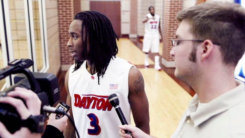 Rob Lowery talks with excitement about the upcoming basketball season during University of Dayton Men's Basketball team Media Day at the Donoher Center at University Dayton Arena Monday, Oct. 12.