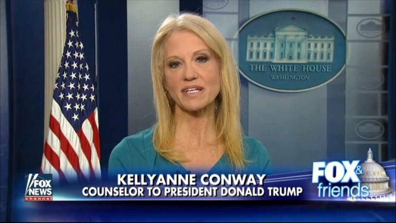 This frame grab from video provided by Fox News shows White House adviser Kellyanne during her interview with Fox News Fox and Friends, Thursday, Feb. 9, 2017, in the briefing room of the White House in Washington. Conway defended Ivanka Trump's fashion company, telling Fox News that Trump is a "successful businesswoman" and people should give the company their business. (Fox News via AP)