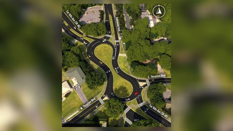 A conceptual illustration of a proposed Ohio 48 roundabout has been released by Oakwood as it prepares to hold public forums on the issue. CONTRIBUTED