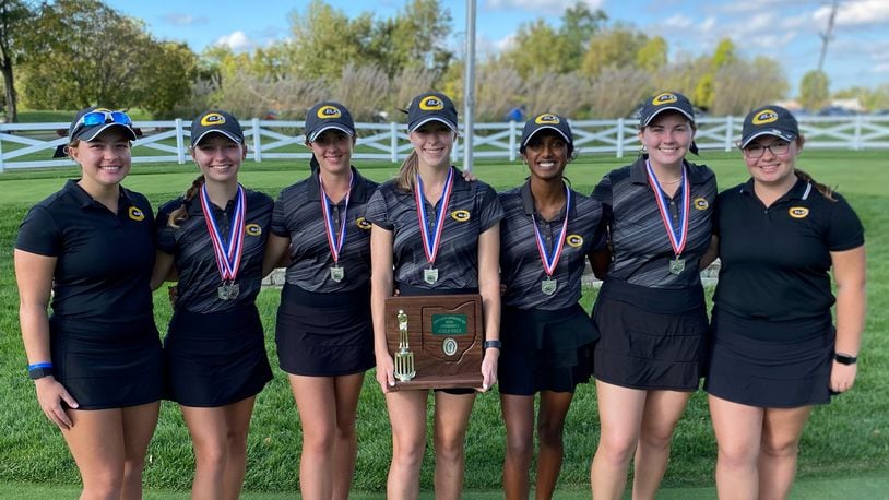 The Centerville girls golf team with their Division I district runner-up trophy. The Elks are playing in the state tournament for the seventh straight year. CONTRIBUTED PHOTO