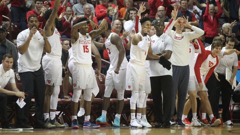 Dayton reacts to a 3-pointer against Ohio on Friday, Nov. 17, 2017, at TD Arena in Charleston, S.C.