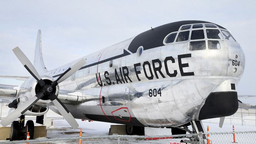This Wednesday, Jan. 17, 2018 photo shows the results of a restored 1953 Boeing KC-97G Stratofreighter in Cleveland. A convention center in Cleveland says it's turning the Cold War-era aircraft into a stationary restaurant in a bid to attract more visitors with a distinctive dining experience. The I-X Center hopes to renovate the interior of the air tanker into a 50-seat restaurant by 2020. (Chuck Crow/The Plain Dealer via AP)