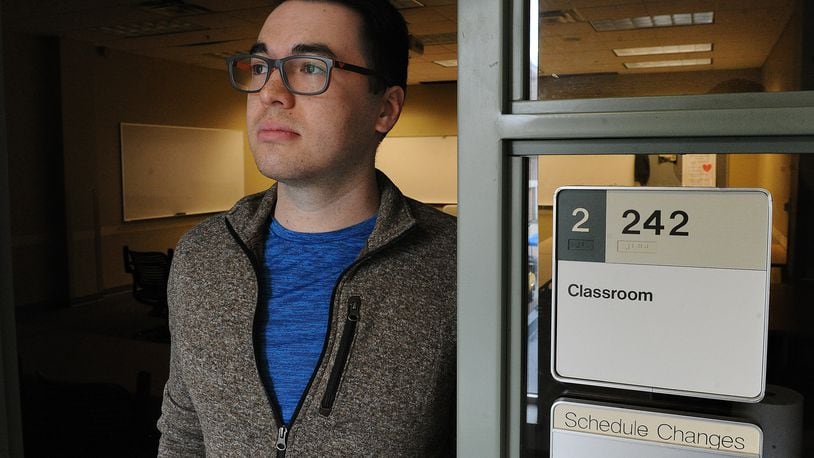 With the teacher shortage Wright State University teaching student Brandon Young will be going from his college classroom right into a teaching classroom.  MARSHALL GORBY\STAFF