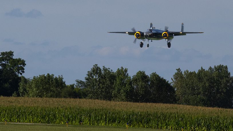 The Champaign Gal makes an approach over a rural Ohio cornfield Aug. 27 as it comes home to Grimes Field in Urbana. The World War II-era bomber is one of the few B-25s still airworthy and flying. U.S. AIR FORCE PHOTO/R.J. ORIEZ