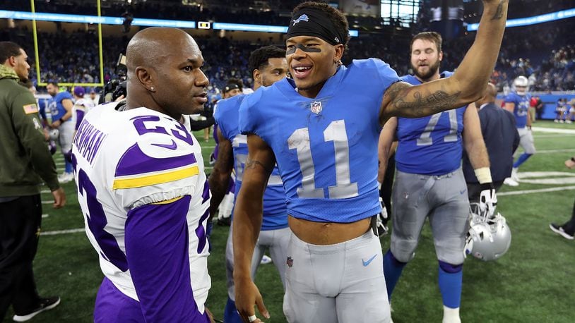 DETROIT, MI - NOVEMBER 23: Former Cincinnati Bengals teammates Marvin Jones Jr. #11 of the Detroit Lions and Terence Newman #23 of the Minnesota Vikings talk after an NFL game at Ford Field on November 23, 2016 in Detroit, Michigan. The Vikings defeated the Lions 30-23. (Photo by Dave Reginek/Getty Images)