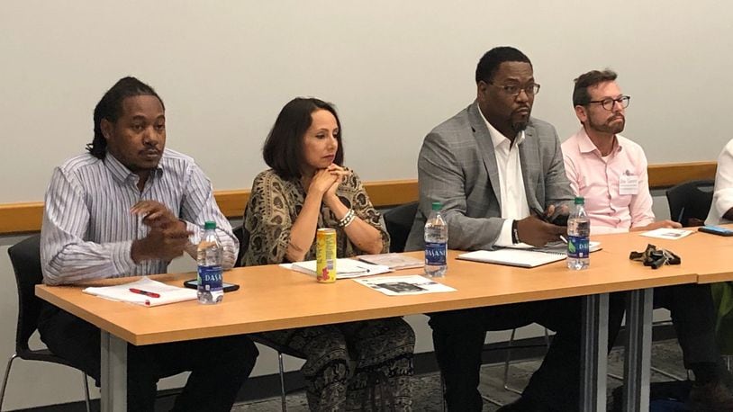 Dayton school board candidates answer questions at a September 2019 public forum. From left are Will Smith, Gabriela Pickett, Dion Sampson and Joe Lacey. JEREMY P. KELLEY / STAFF