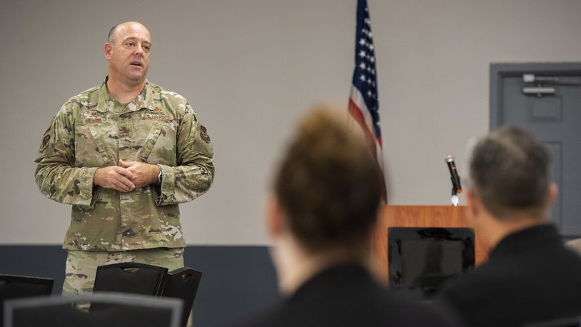 Col. Patrick Miller, 88th Air Base Wing and installation commander, welcomes Leadership Dayton members to Wright-Patterson Air Force Base on July 14. U.S. Air Force photo by R.J. Oriez