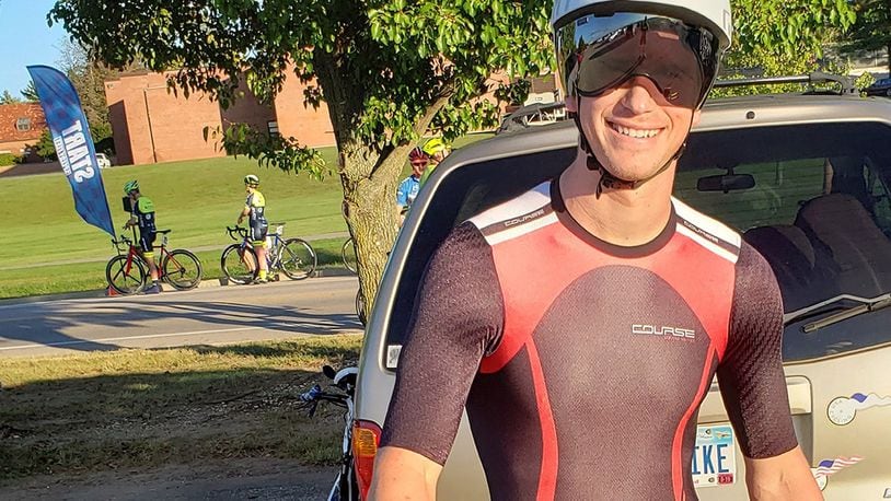 With a time of 20:36.7 giving him a 29.1 mph average over the 10-mile Blue Streak course at Wright-Patterson Air Force Base, Josh Bozue of Fairborn and Team 9258 Wealth Management led the field of 79 bicyclists on Oct. 9 to be the first-ever rider to dominate Blue Streak throughout a full seven-event season. (Contributed photo/Chuck Smith)