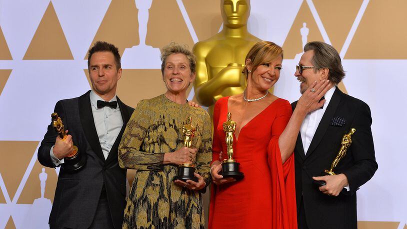 From left, Sam Rockwell, Frances McDormand, Allison Janney and Gary Oldman backstage at the 90th Academy Awards ceremony on Sunday, March 4, 2018 in Hollywood, Calif. (Scott Varley/TNS)