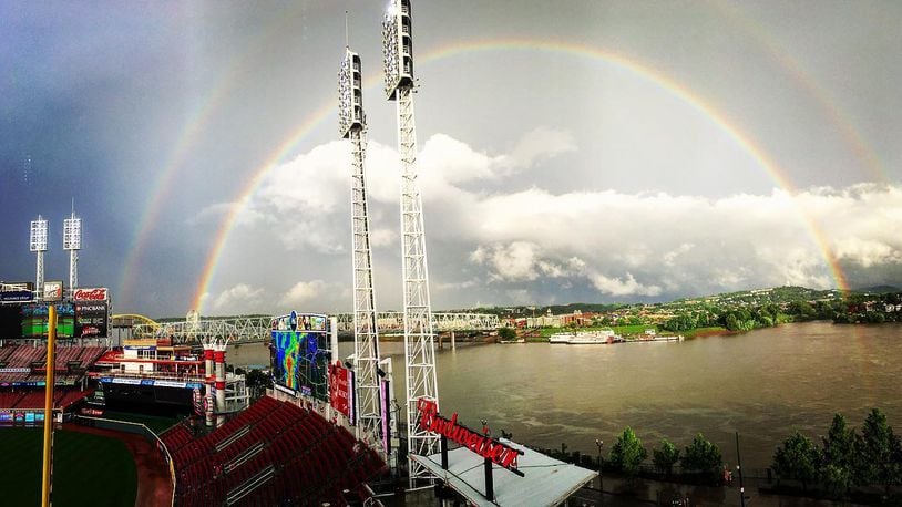 A double rainbow over the Ohio River near Great American Ball Park on June 17, 2019 in Cincinnati.