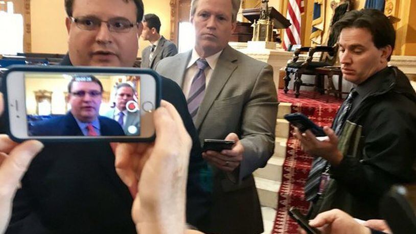 Ohio Senate President Larry Obhof, left, addresses questions during a press conference following the resignation of former Sen. Cliff Hite, a Findlay Republican, who left the General Assembly amid sexual harassment allegations. (Laura Hancock, cleveland.com)