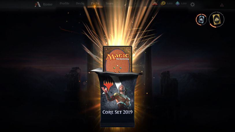 Magic: The Gathering Arena” lets players purchase booster packs using one of its two currencies. One is gold, which is earned in-game, and the other is gems, which is bought using real money. (Wizards of the Coast)