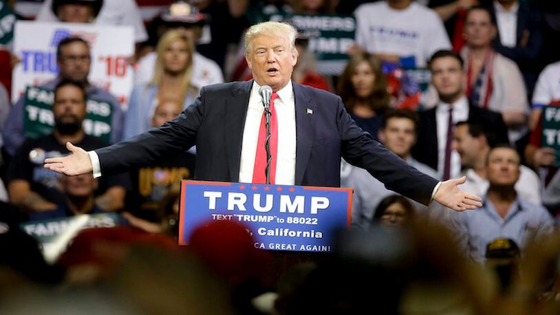 Republican presidential candidate Donald Trump arrives for a rally, Friday, May 27, 2016 in Fresno, Calif. (AP Photo/Chris Carlson)