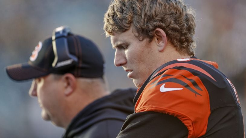 CINCINNATI, OH - NOVEMBER 24: Ryan Finley #5 of the Cincinnati Bengals is seen on the bench area late in the game against the Pittsburgh Steelers at Paul Brown Stadium on November 24, 2019 in Cincinnati, Ohio. (Photo by Michael Hickey/Getty Images)