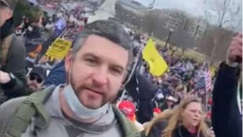 In this photo from a federal court affidavit, investigators said Dean Robert Harshman is shown in the crowd outside the U.S. Capitol on Jan. 6, 2021