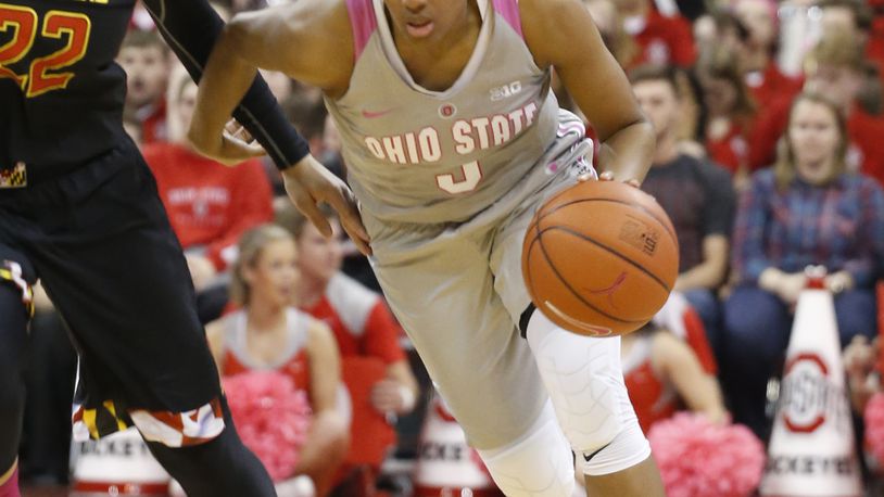 Ohio State’s Kelsey Mitchell plays against Maryland during an NCAA college basketball game Monday, Feb. 20, 2017, in Columbus, Ohio. (AP Photo/Jay LaPrete)